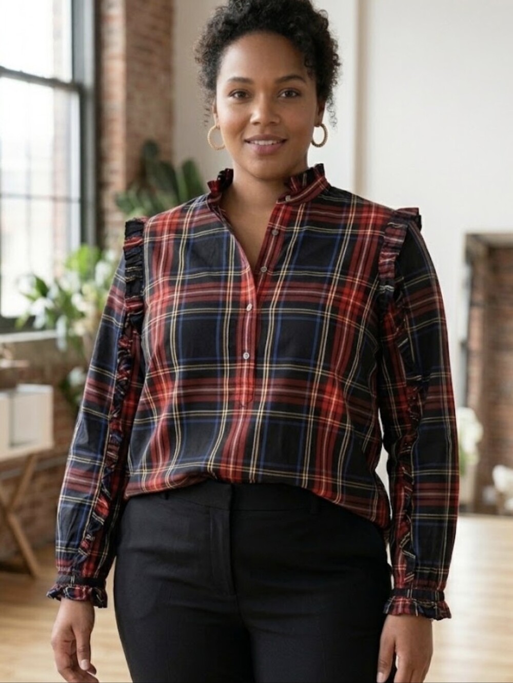 J.Crew Classic-Fit Ruffle Popover Shirt in Black Stewart Tartan Plaid 2X